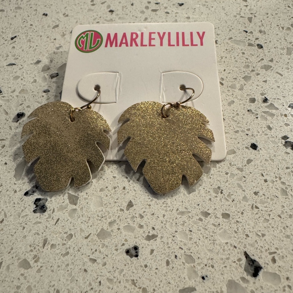 NWT Marleylilly Gold Monstera Leaf Leather Earrings